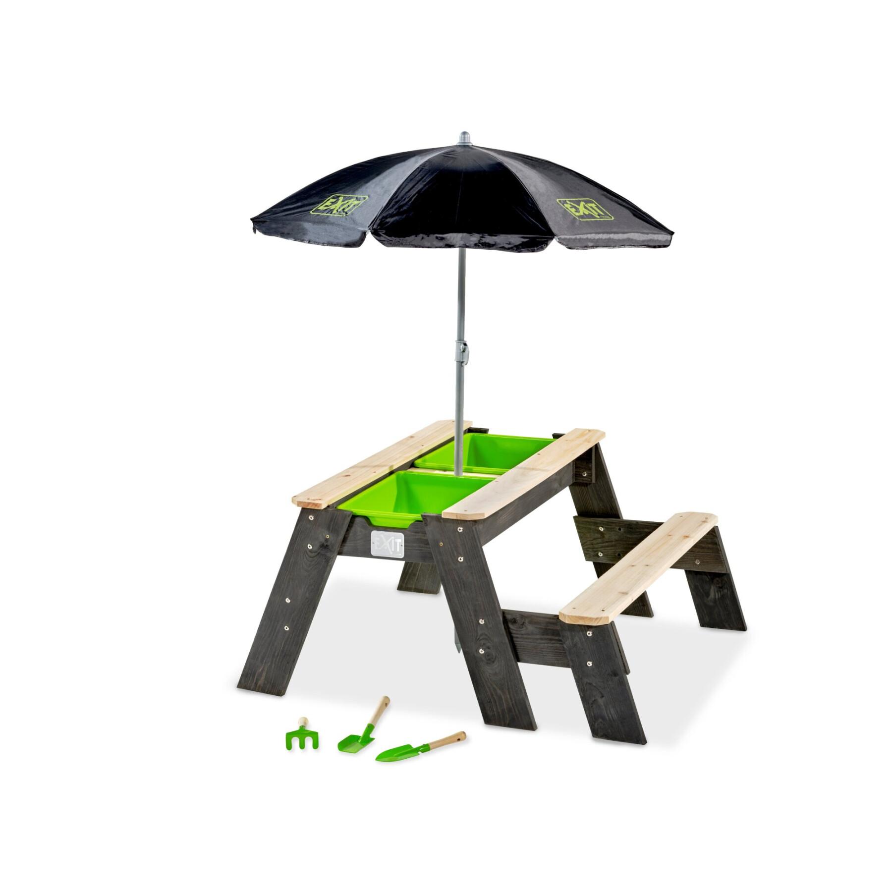 Stół do zabawy w piasku i wodzie oraz stół piknikowy (1 ławka) z parasolem i narzędziami ogrodniczymi Exit Toys Aksent