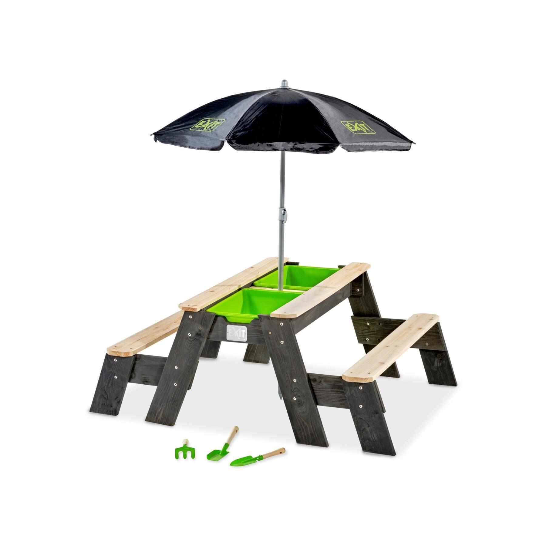 Stół do zabaw w piasku i wodzie oraz stół piknikowy (2 ławki) z parasolem i narzędziami ogrodniczymi Exit Toys Aksent