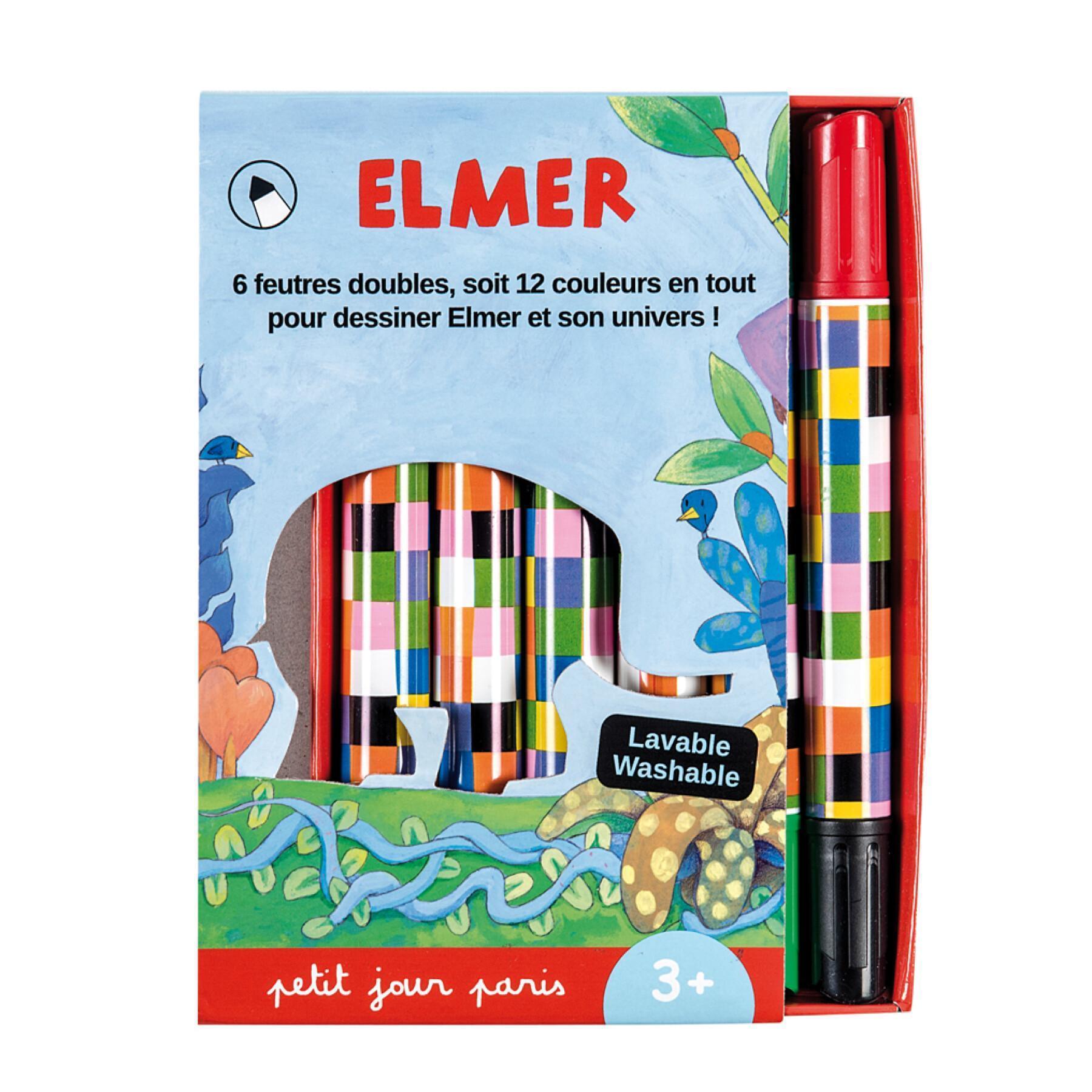 Pudełko 6 markerów dla dzieci z podwójną końcówką w dwóch kolorach Petit Jour Elmer