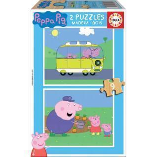 2 x 9-elementowe drewniane puzzle Peppa Pig